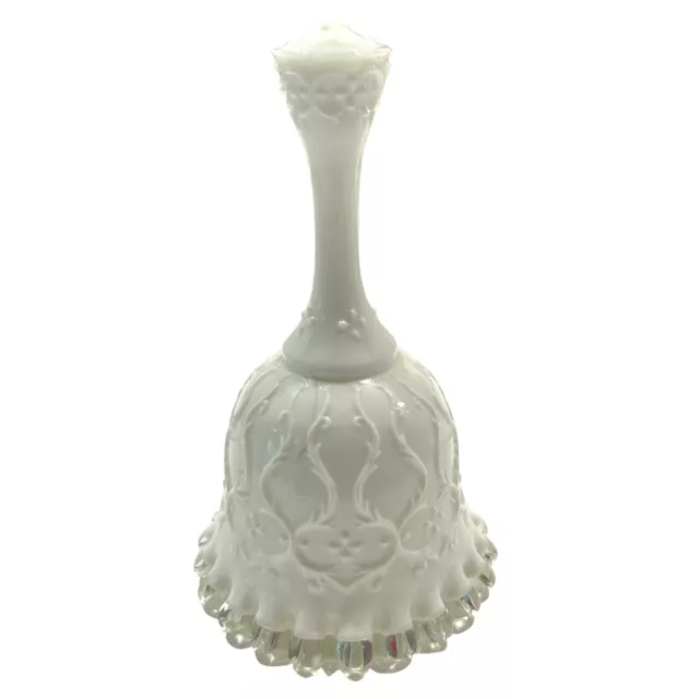 Vintage Fenton White Milk Art Glass "Spanish Lace" Silver Crest Ruffle Bell