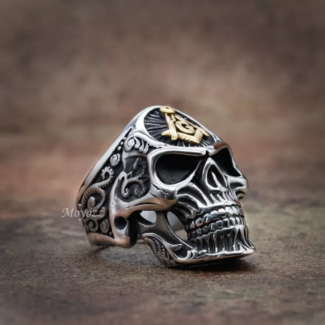 Stainless Steel Punk Biker Mens Gold Masonic Skull Ring For Men Size 7-15 Gift
