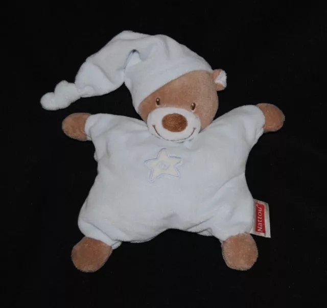 Peluche doudou ours bleu NATTOU étoile semi plat grelot bonnet TTBE