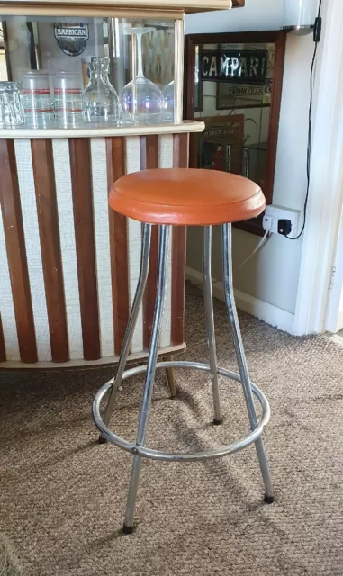 VINTAGE RETRO 1970's ORANGE VINYL  CHROME BAR STOOL