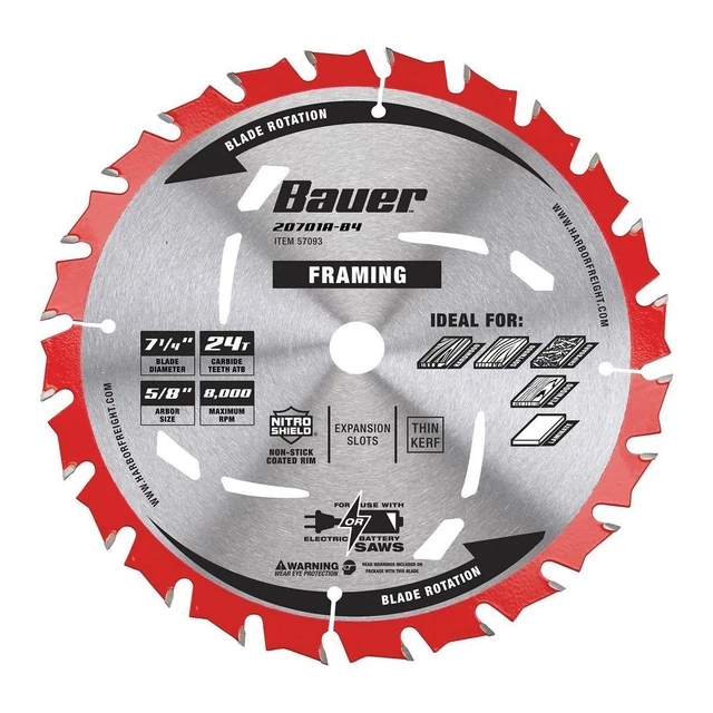 Hoja de sierra circular con marco 24T BAUER 7-1/4 in, paquete de 3 57093