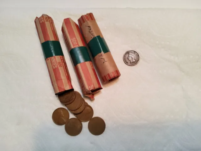 3 Rolls Wheat pennies, (1909-1958), 1.06 lbs, plus one Indian Head penny.