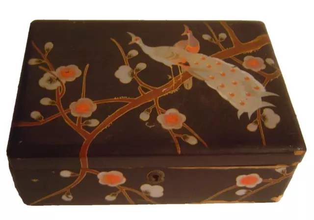 Vintage Japan Hand Painted Gold Peacock Floral Lacquer Covered Wooden Hinged Box