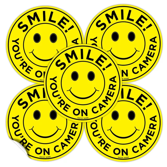 (Set of 5) Smile You're On Camera Stickers - 4.5" Circle - Durable Self Adhes...