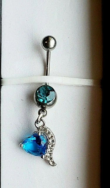 Belly Button, Barbell, Dangle, Ring, Blue Heart, CZ, 14 Gauge