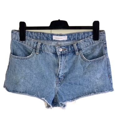 Topshop Blu Denim Hot Pants Tagliato Jeans Corti ESTATE TG UK 12 Tuta EU40 in buonissima condizione 