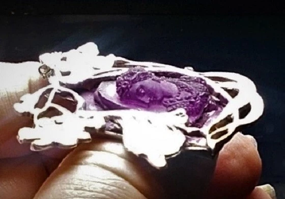 1910 Amethyst Glass Cameo Tendrils, Lace Gown, Vintage Floral Fairy Sterling Nec