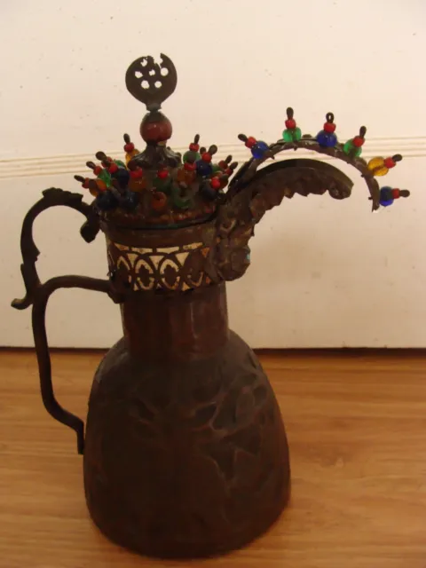 Rare Antique Islamic Dallah Turkish Coffee Pot Copper Embossed Beaded Enameled