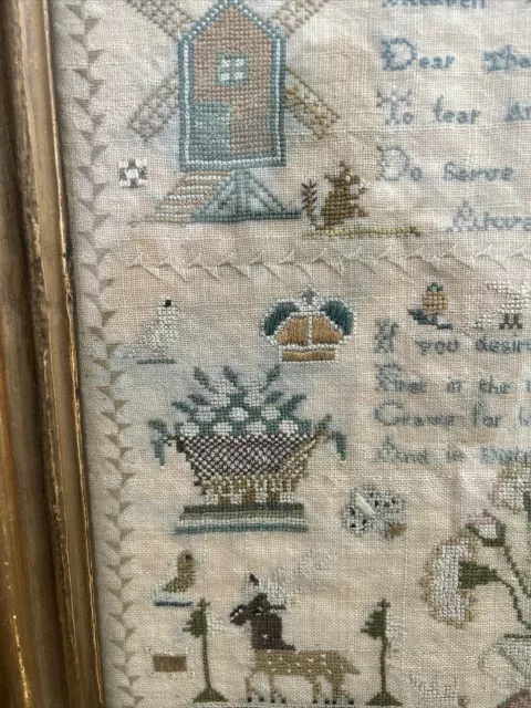 Georgian Antique Needlework  Sampler Eliza Garton Age 10 1820 Windmill Dog Horse