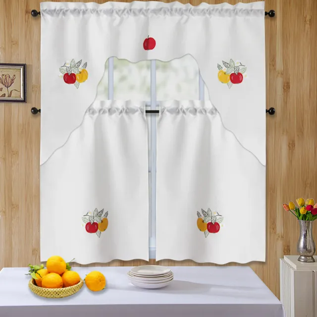 3pc Rod Pocket Embroidered Kitchen Curtain Set with Swag Valance Bathroom Window