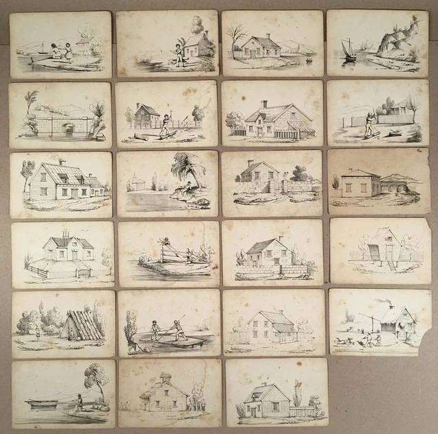 Lot of 23 Small 1830s-1850s STONE LITHOGRAPH PRINTS FOR HAND-COLORING
