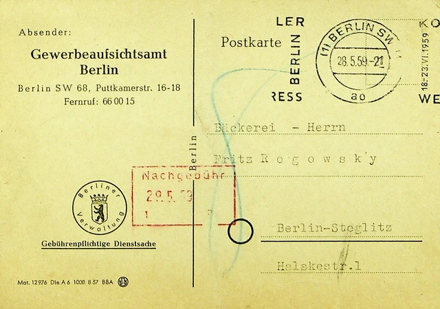 Deutschland 1959 Markenlose Labour Inspectorate Berlin Postkarte Von & Sich