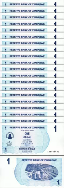 Zimbabwe 1 Dollar 2006 2007, UNC, 20 Pcs LOT, Consecutive, P-37, Bearer Cheque
