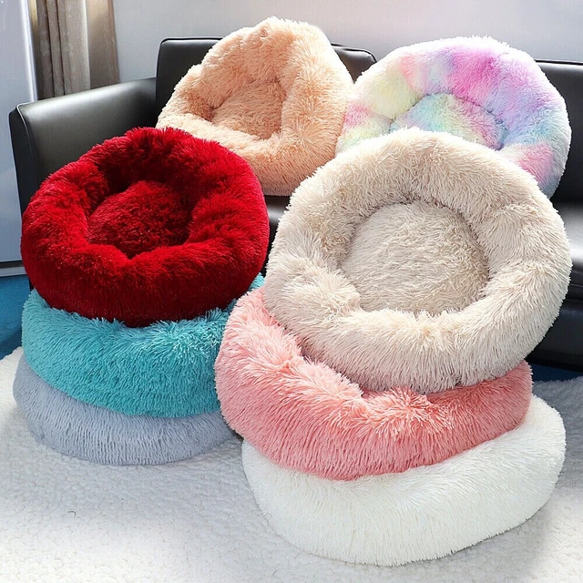 Pet Dog Cat Calming Soft Comfy Round Plush Warm Fluffy Nest Donut Bed S-XL