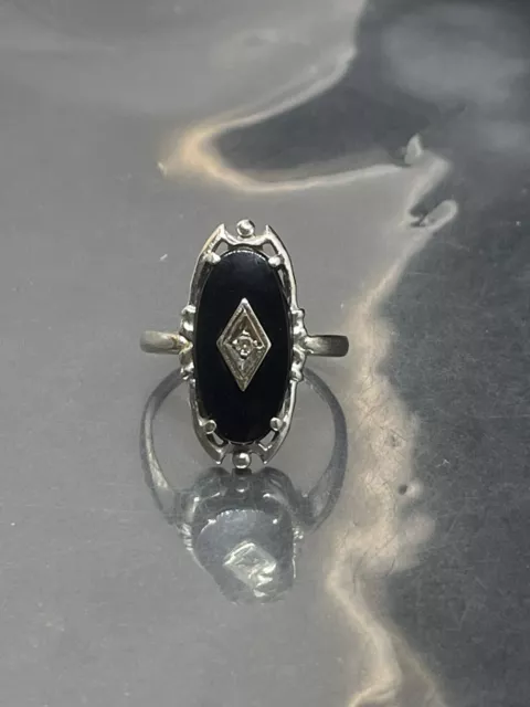 10K White Gold Oval Black Onyx & Diamond Accented Ring- Sz 5.5- 3.48G As Is