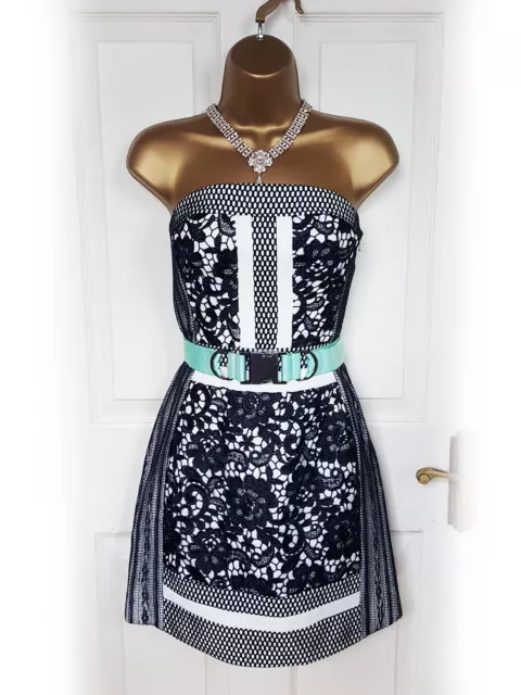 THREE FLOOR Black & White Lace Overlay Belt Detail Bandeau Dress, Size 10 - BNWT