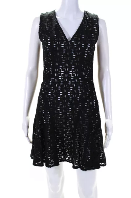 10 Crosby Derek Lam Womens Eyelet V Neck Sleeveless A Line Dress Black Size 0