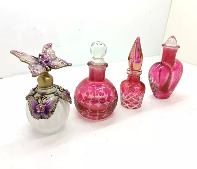 X 4 Vintage Pink / Butterfly Glass Perfume Bottles