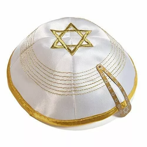 Satin 20cm White Gold Embroided Star Of David Kippah Jewish Kippa Yarmulke