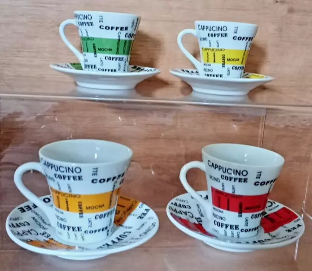 4 x Arcobaleno Espresso Mug + Saucers , Set,  Multicoloured - Free Postage