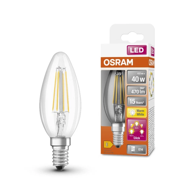 Osram LED Star+ 4w SES E14 Clear LED Filament 3 Step Dimmable Candle Bulb