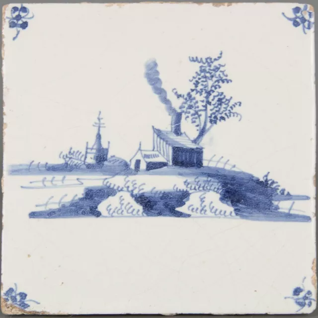 Nice Dutch Delft Blue tile, landscape with church and farm, late 17th century.