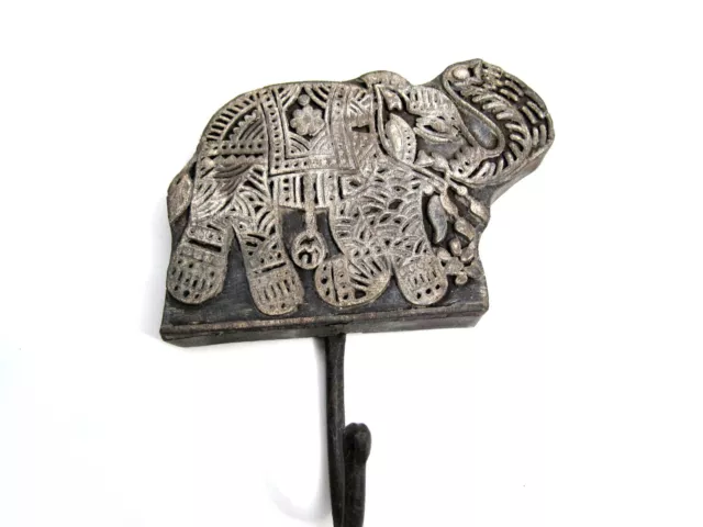 Indischer Batikstempel Holz Wandhaken Garderobe Kleiderhaken Elefant Indien