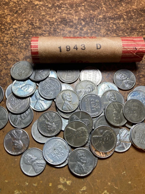 1943-D STEEL LINCOLN WHEAT CENT PENNY ROLL, nice condition