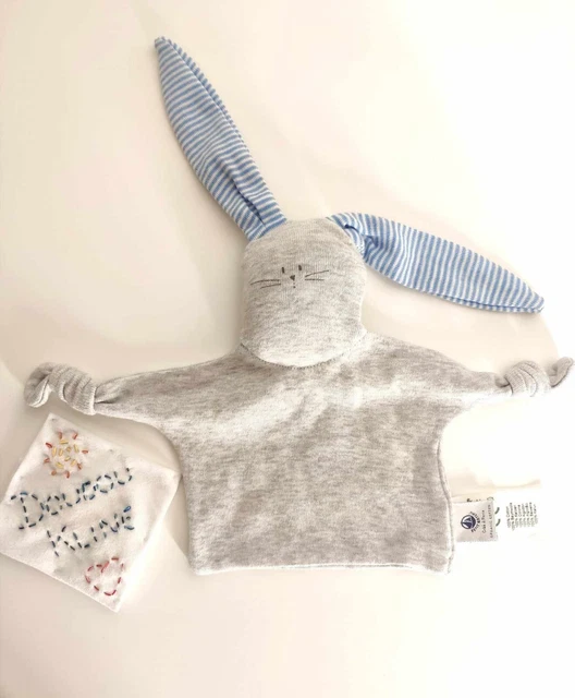 Doudou Plat/Mouchoir Lapin Gris Oreilles Rayées Blanc Bleu Noeuds - Petit Bateau