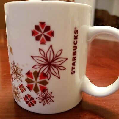 2013 Starbucks Red White Gold Holiday Mug Floral Geometric Poinsettia Snowflake