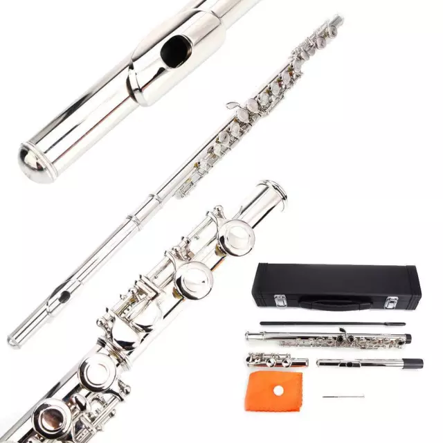 New Nickel Plated Silver School Band Flute C Tone 16 Keys Closed Hole with Case
