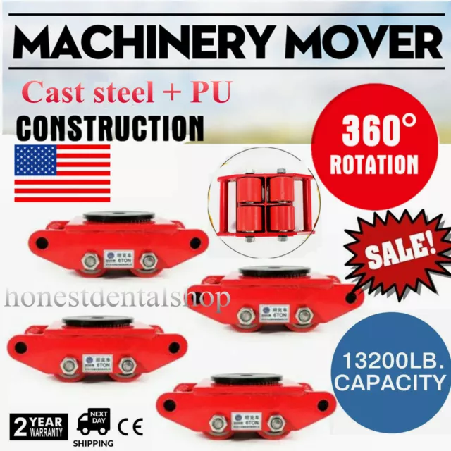 4X 6T Machine Dolly Skate Machinery Roller Mover Cargo Trolley w/360° Swivel Top