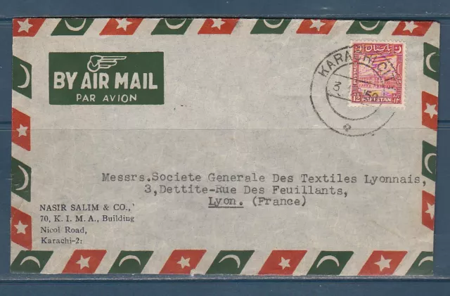 Etc enveloppe  Pakistan Karachi lettre par avion pour Lyon France    1950