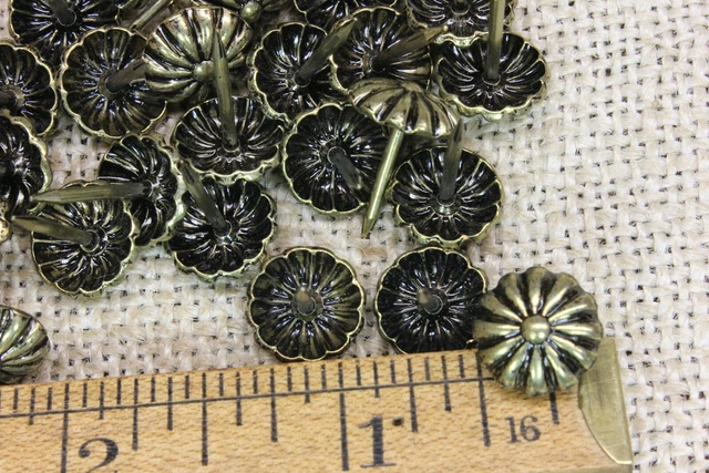 30 Vintage 7/16” Furniture Nails Brass Oxford Finish Tacks Daisy Heads 1 Box USA