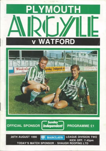 Football Programme - Plymouth Argyle v Watford - Div 2 - 28/8/1990