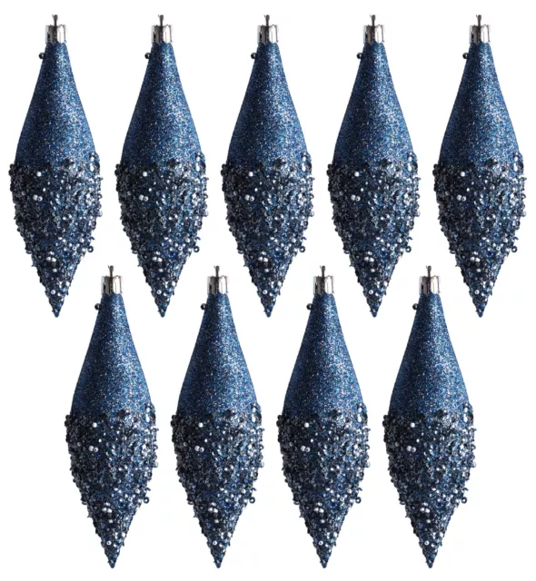 Blue Frost Bead Christmas Tree Tear Drop 14cm Bauble Decorations (Set of 9)