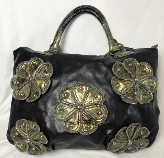 Women’s Shoulder Bag Purse Black Faux Leather Gold Flowers Appliqué Large