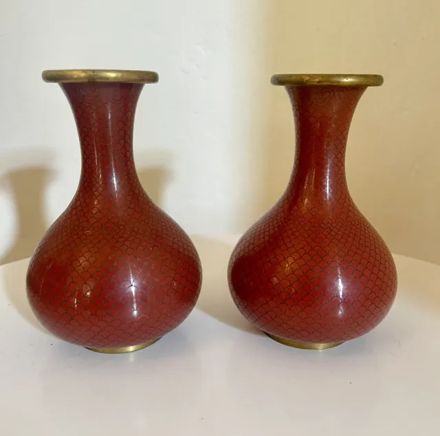 Pair of Chinese Antique Cloisonné Fish Scale Vases Rust Red