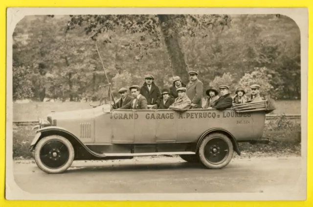 cpa Carte Photo de 1926 AUTOMOBILE VOITURE CAR Grand GARAGE A. PEYRUCQ à LOURDES