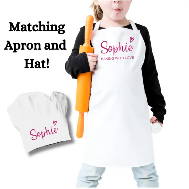 Personalized Kids Chef Apron & Hat Set - Baking with Love - Poly-Cotton