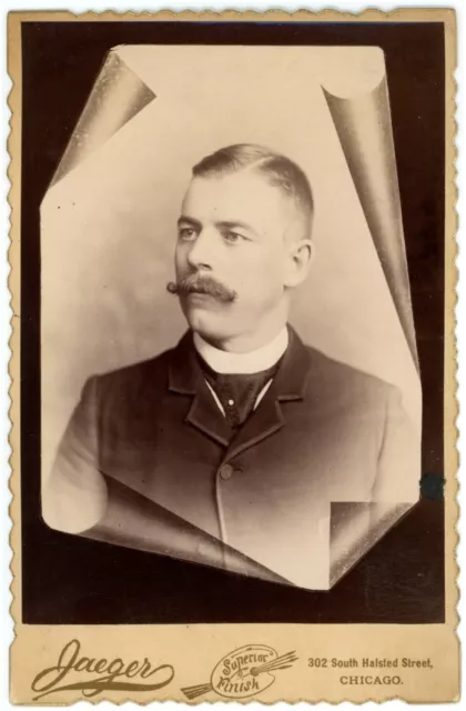 CIRCA 1880'S In Memoriam CABINET CARD Handsome Man Mustache Jaeger Chicago, IL