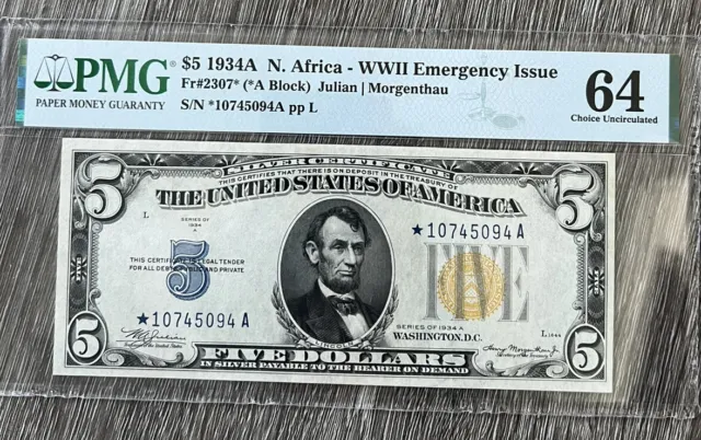 1934-A $5 North Africa Star Note  (Fr #2307*) WWII Emergency Issue PMG 64
