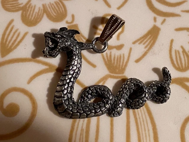 Vintage Silver Tone Dragon Mystical Pendant Necklace Estate 1 3/4"