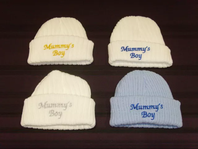 Baby Knitted Wool Embroidered Personalised Hat With Saying Mummy's Boy