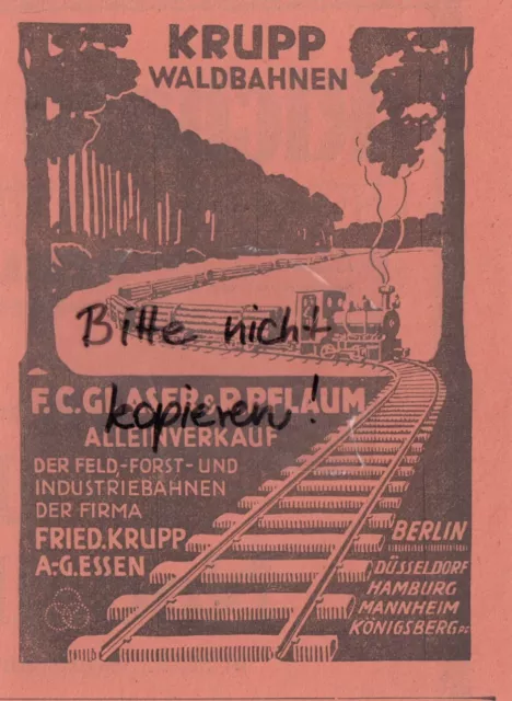 ESSEN, Werbung 1925 F. C. Glaser & R. Pflaum Verkauf Friedr Krupp AG Waldbahnen