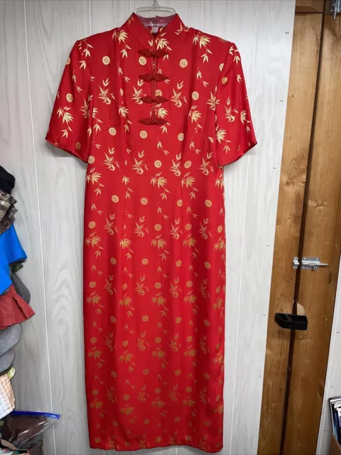 Vtg Oriental Asian Chinese Pencil Dress Red w/Gold Accents Womens Traditional Sm