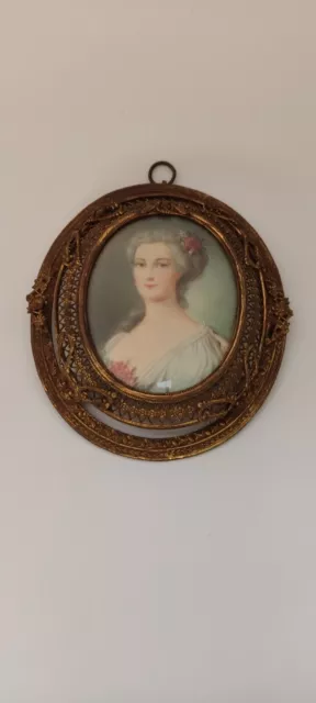 Fine 19th C. Miniature Hand painted Lady Portrait Filigree Frame, Signed.