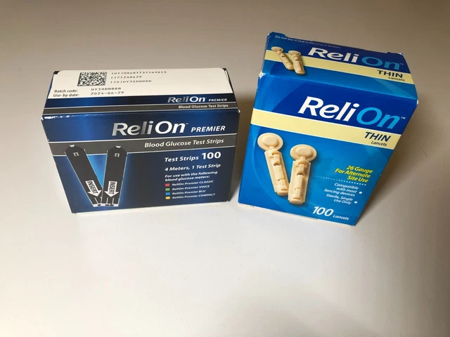 100 tiras reactivas ReliOn Primier EXP 07/2024 + 100 lancetas ReliOn gratuitas, ENVÍO GRATUITO