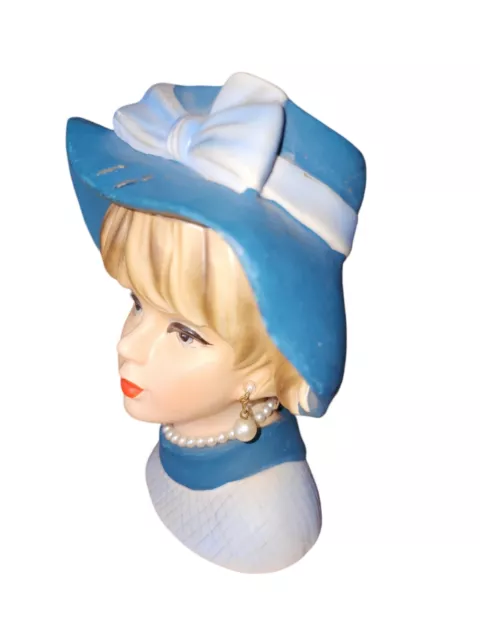 1950s NAPCO NAPCOWARE Royal Blue Lady Head Vase C7494 Headvase Bonnet Hat Pearl 2