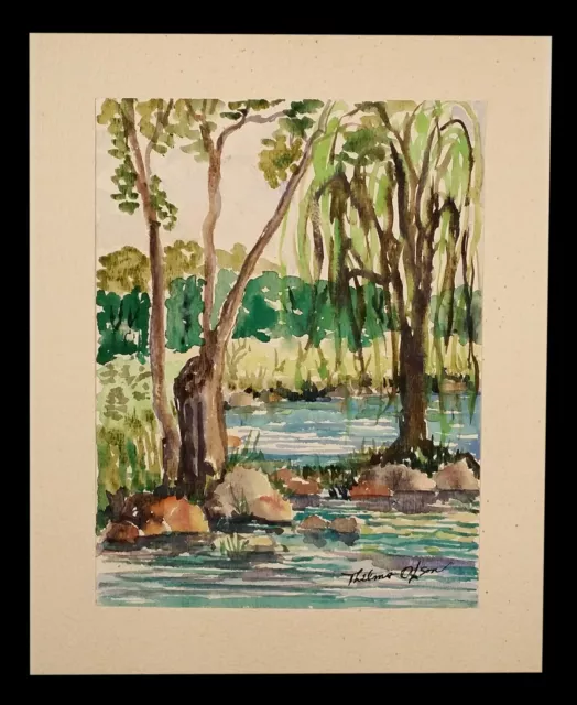 Beautiful Vintage Watercolor Landscape Painting Thelma Olson River Trees Rocks